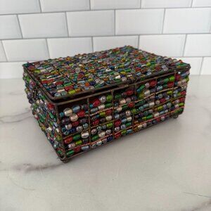 Vintage Multicolor Beaded Footed Jewelry Box Removable Copper Tray